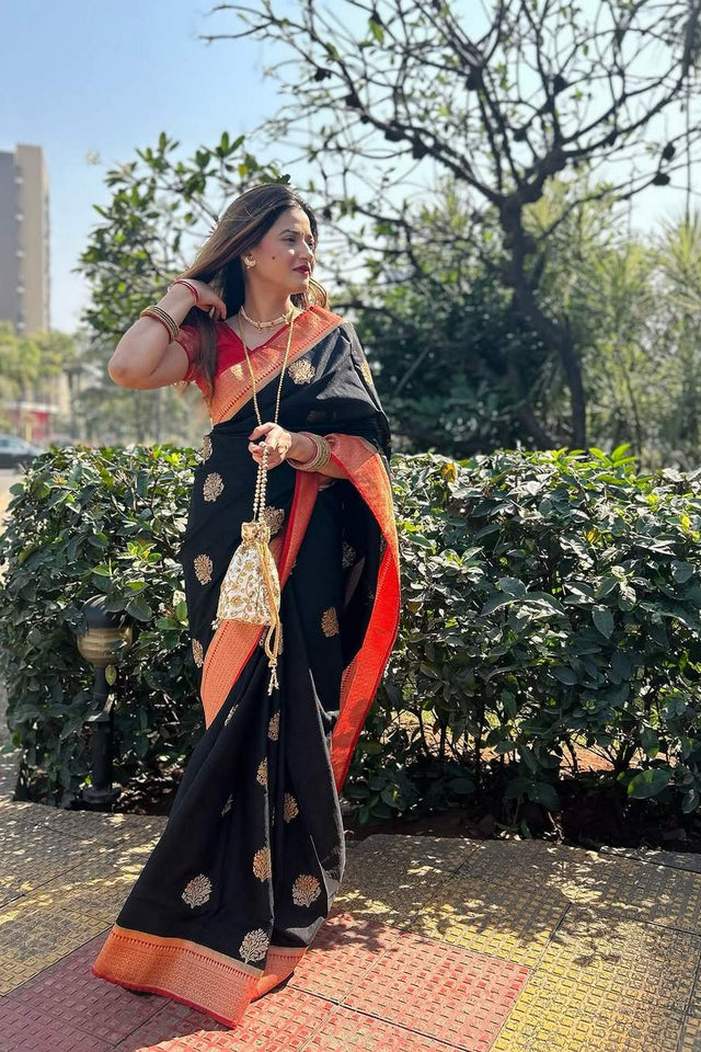 Black Banarasi Woven Soft Silk Saree (50182)