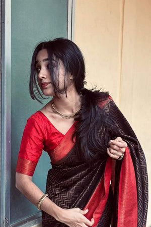 Black Banarasi Woven Soft Silk Saree (50183)