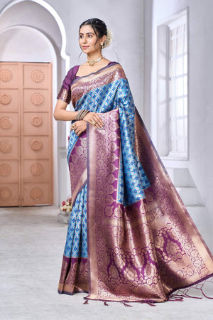 Blue Banarasi Woven Soft Silk Saree (50192)