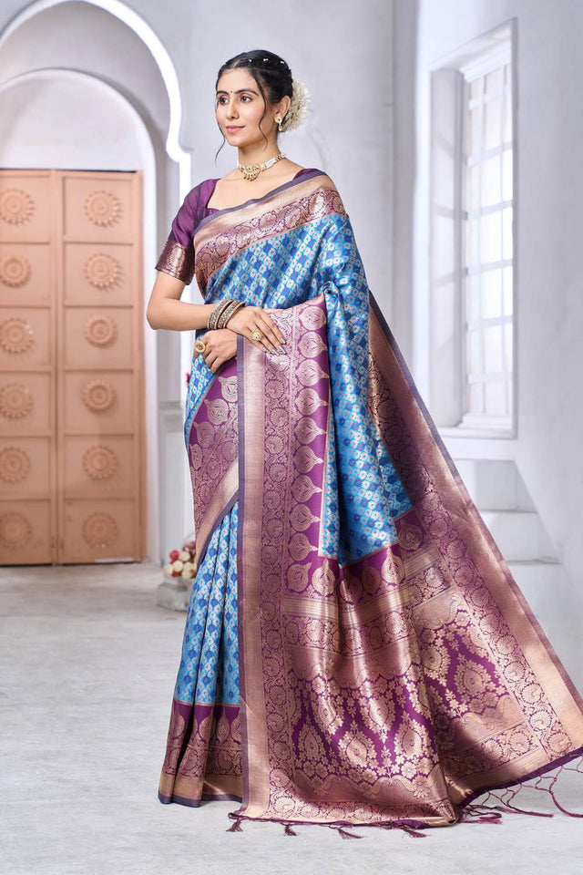 Blue Banarasi Woven Soft Silk Saree (50192)