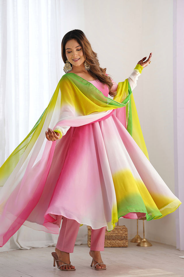 Pink Solid Georgette Anarkali Gown Set