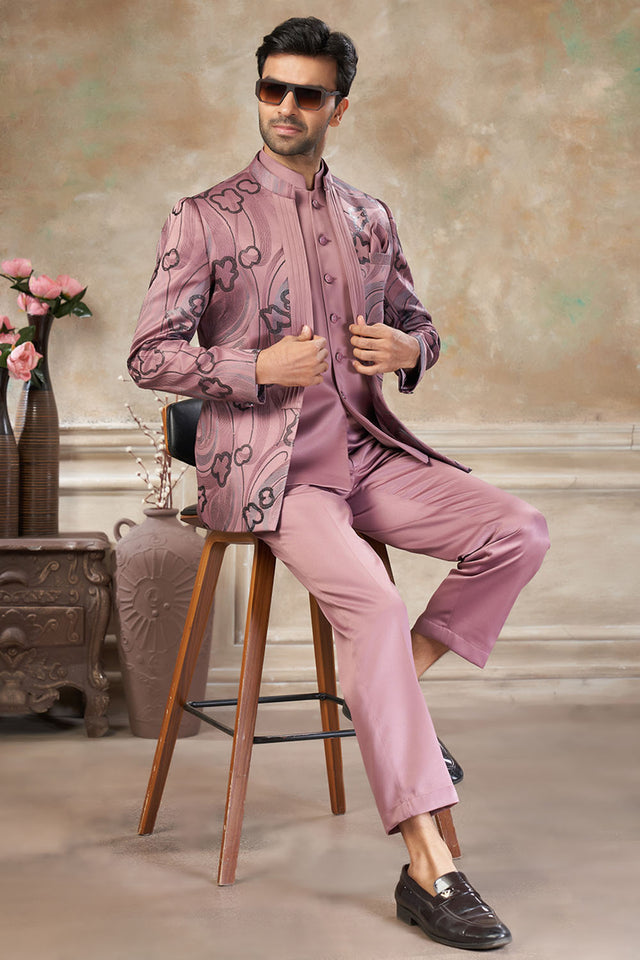 Men's Peach Embroidered Silk Jodhpuri Set