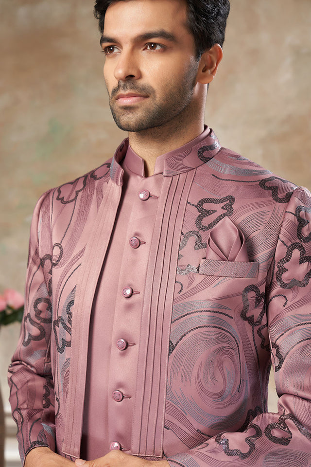 Men's Peach Embroidered Silk Jodhpuri Set