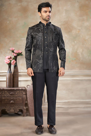 Men's Black Embroidered Silk Jodhpuri Set