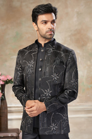 Men's Black Embroidered Silk Jodhpuri Set