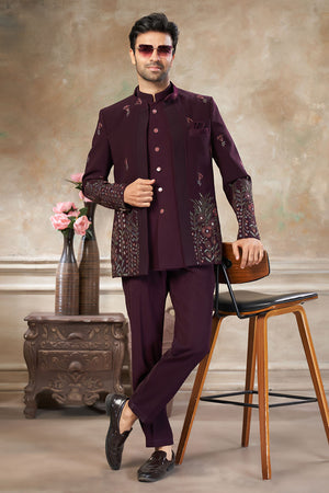 Men's Wine Embroidered Silk Jodhpuri Set