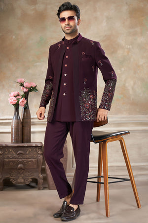 Men's Wine Embroidered Silk Jodhpuri Set