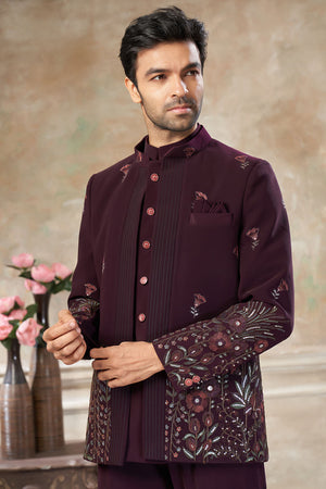 Men's Wine Embroidered Silk Jodhpuri Set