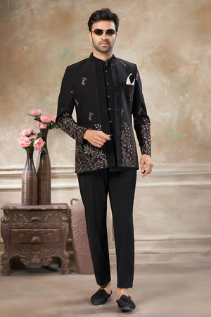 Men's Black Embroidered Silk Jodhpuri Set