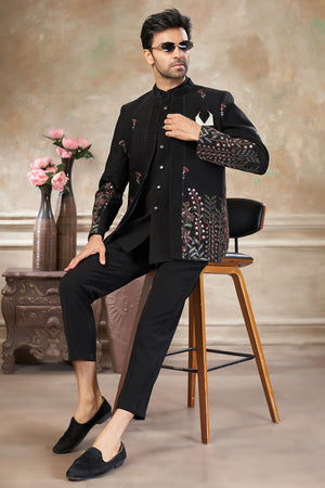 Men's Black Embroidered Silk Jodhpuri Set