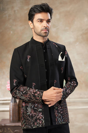 Men's Black Embroidered Silk Jodhpuri Set
