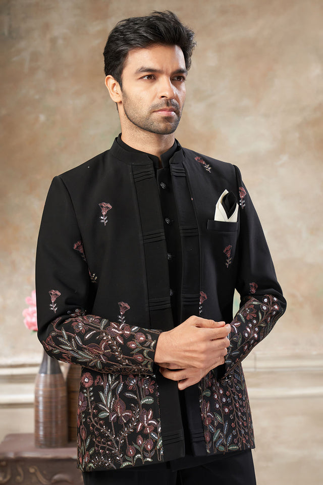 Men's Black Embroidered Silk Jodhpuri Set