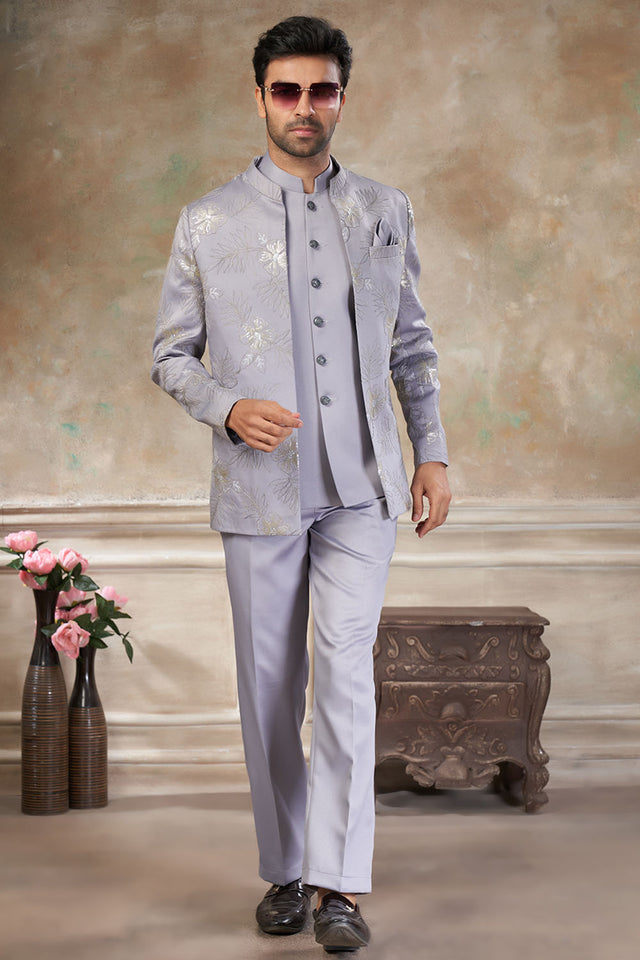 Men's Light Grey Embroidered Silk Jodhpuri Set