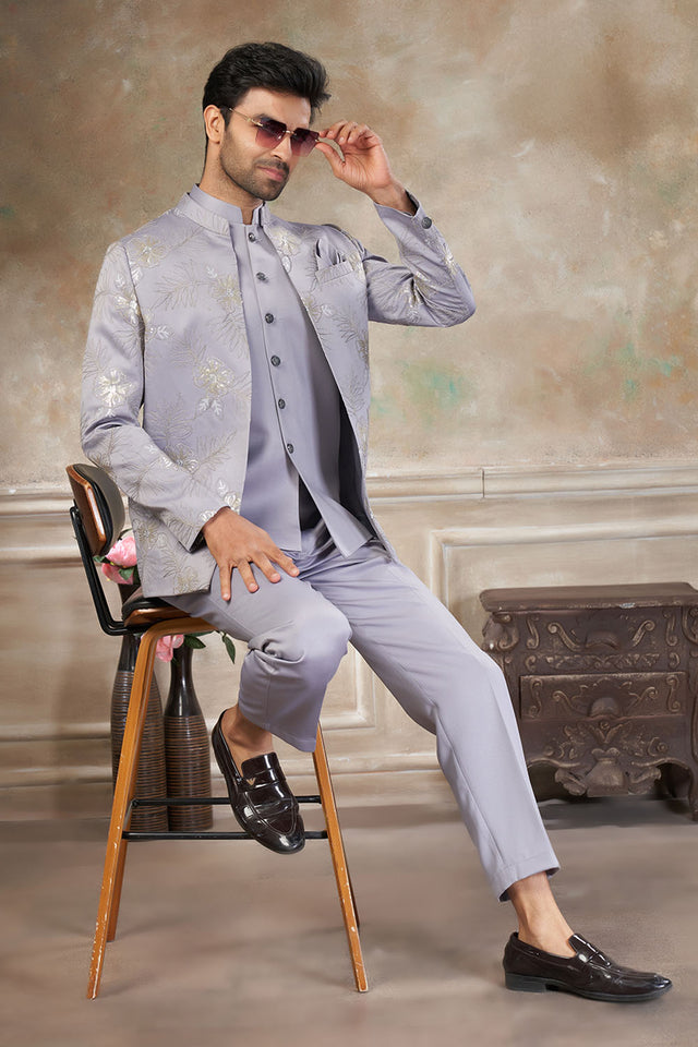 Men's Light Grey Embroidered Silk Jodhpuri Set