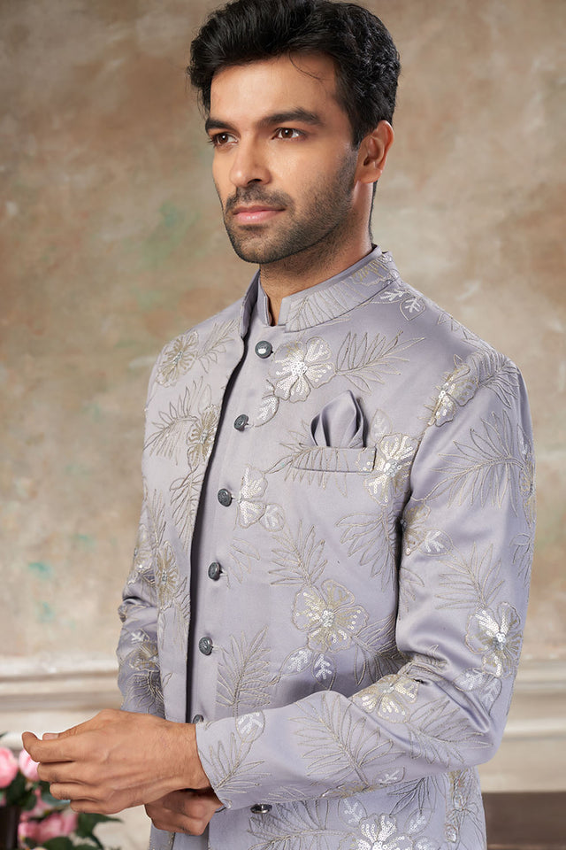 Men's Light Grey Embroidered Silk Jodhpuri Set