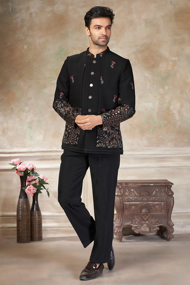 Men's Black Embroidered Silk Jodhpuri Set