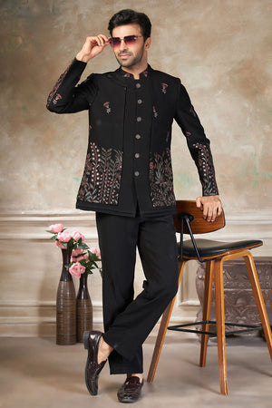 Men's Black Embroidered Silk Jodhpuri Set