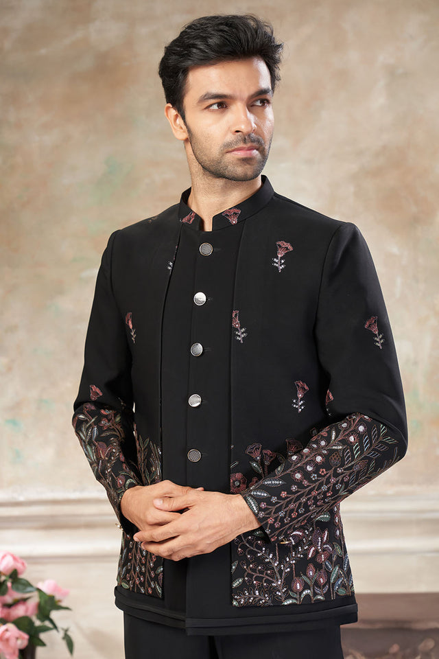 Men's Black Embroidered Silk Jodhpuri Set