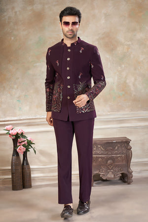 Men's Wine Embroidered Silk Jodhpuri Set