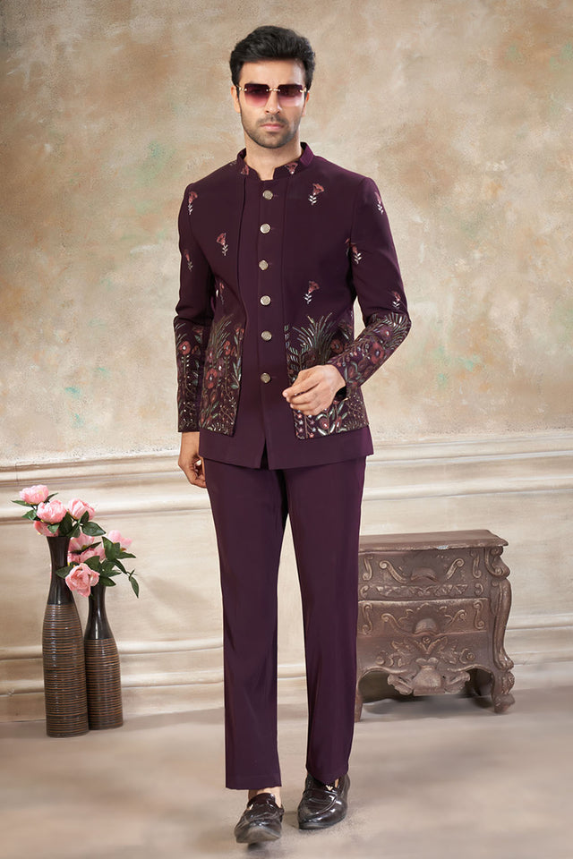 Men's Wine Embroidered Silk Jodhpuri Set