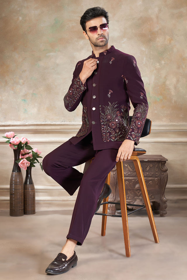 Men's Wine Embroidered Silk Jodhpuri Set
