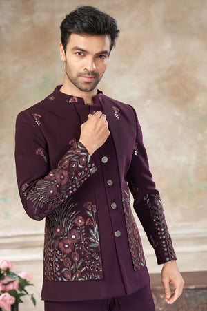 Men's Wine Embroidered Silk Jodhpuri Set