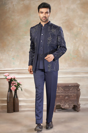 Men's Grey Embroidered Silk Jodhpuri Set
