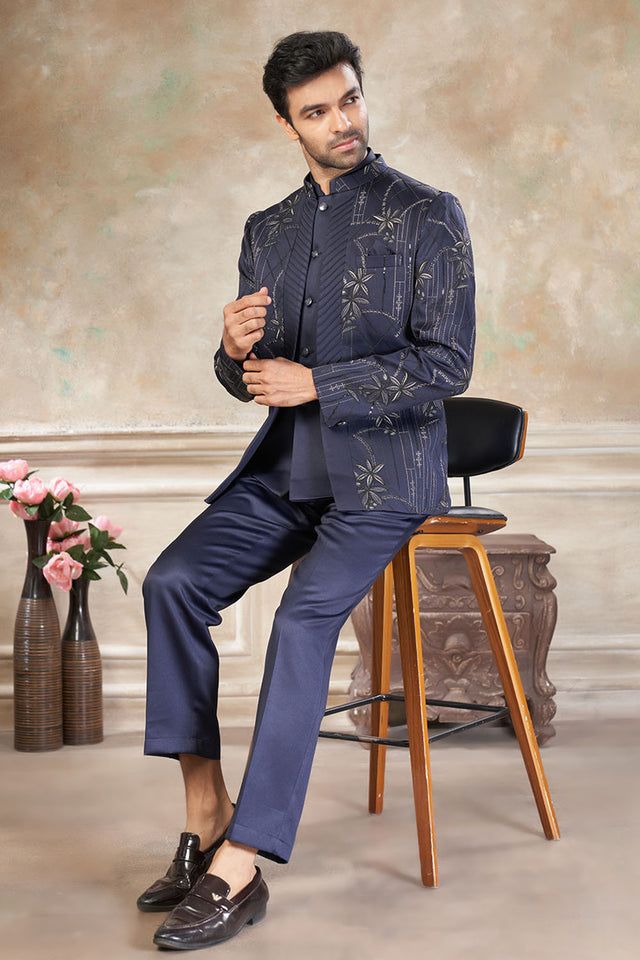 Men's Grey Embroidered Silk Jodhpuri Set