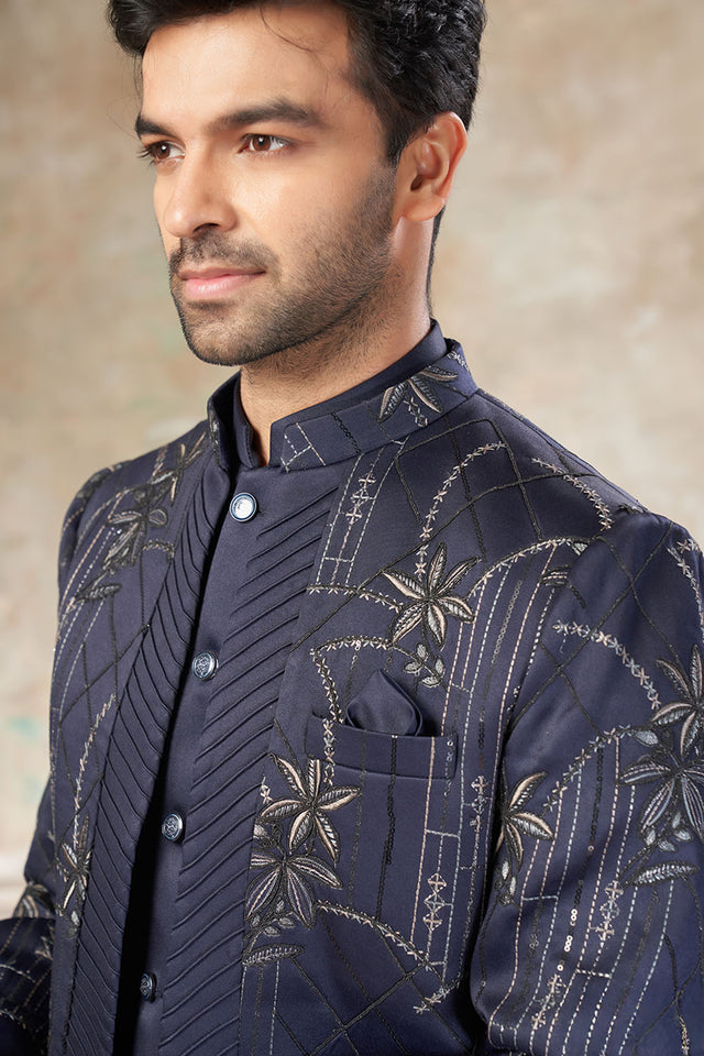 Men's Grey Embroidered Silk Jodhpuri Set
