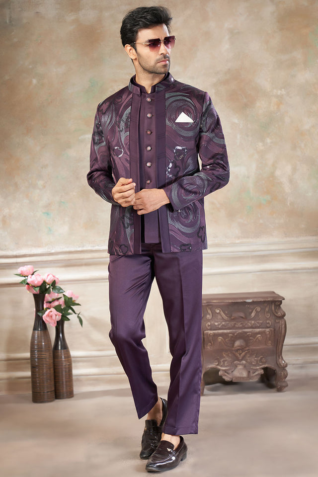 Men's Wine Embroidered Silk Jodhpuri Set