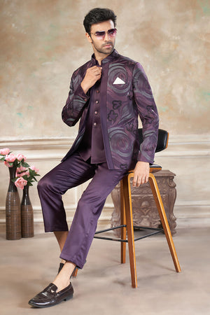 Men's Wine Embroidered Silk Jodhpuri Set