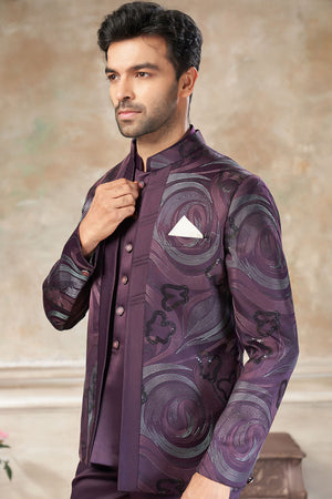 Men's Wine Embroidered Silk Jodhpuri Set