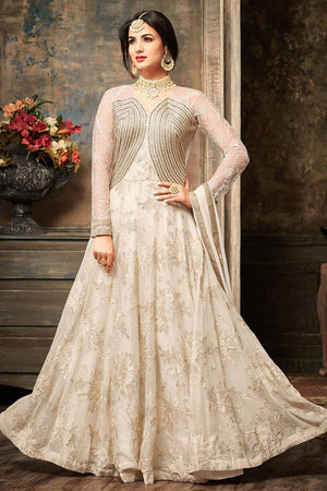 Cream Floral Embroidered Net Gown