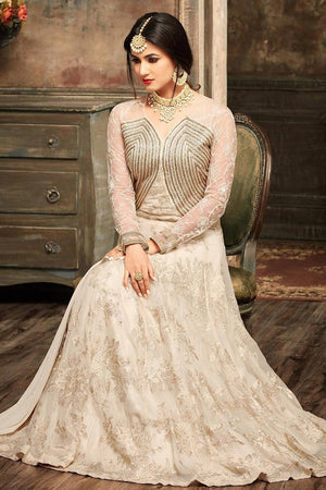Cream Floral Embroidered Net Gown