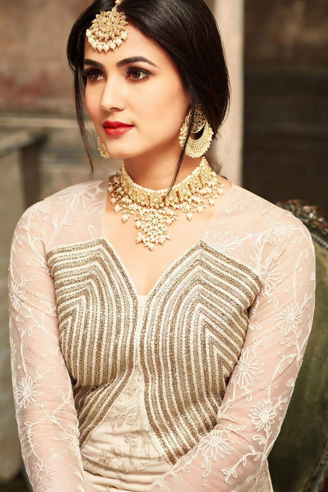 Cream Floral Embroidered Net Gown