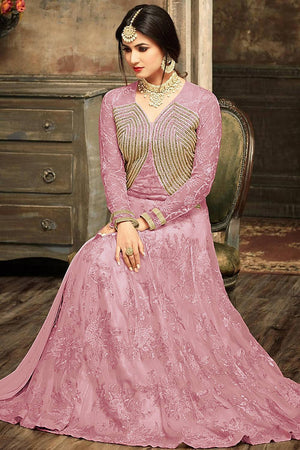 Pink Floral Embroidered Net Gown