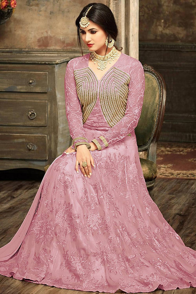 Pink Floral Embroidered Net Gown