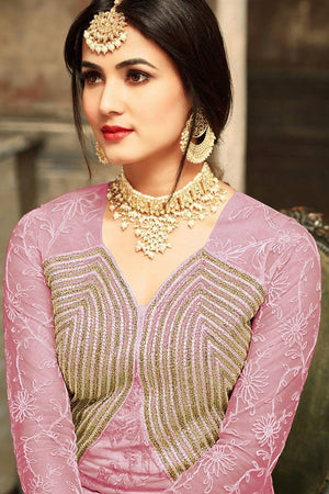 Pink Floral Embroidered Net Gown