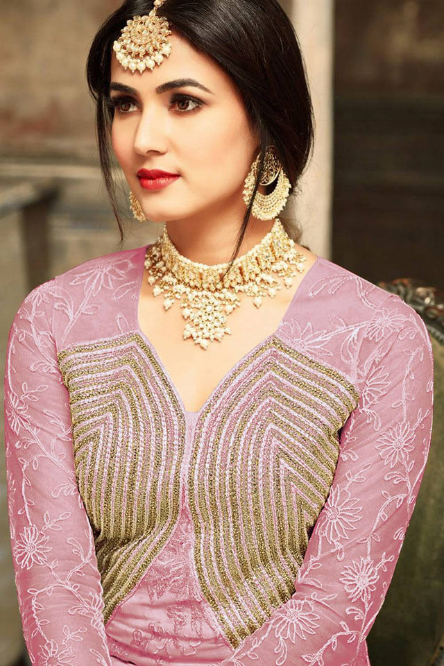 Pink Floral Embroidered Net Gown