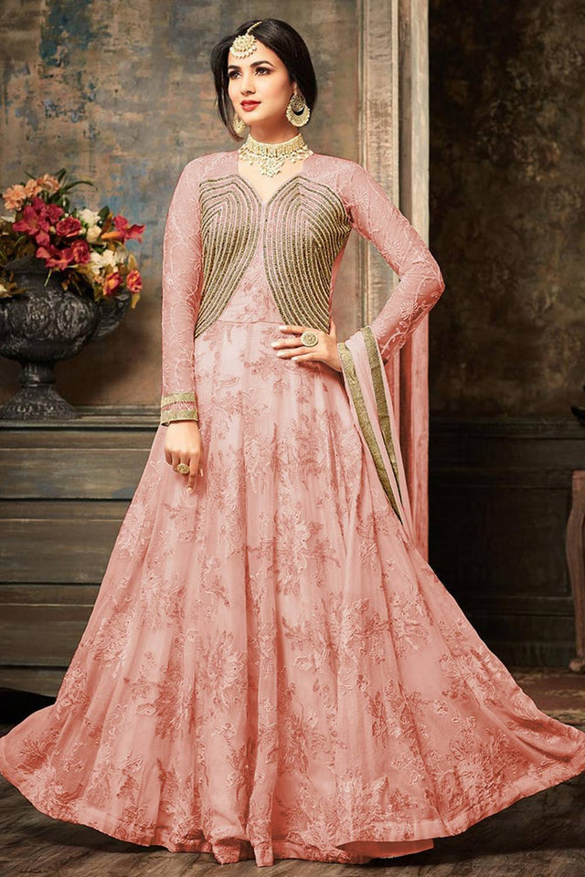 Peach Floral Embroidered Net Gown