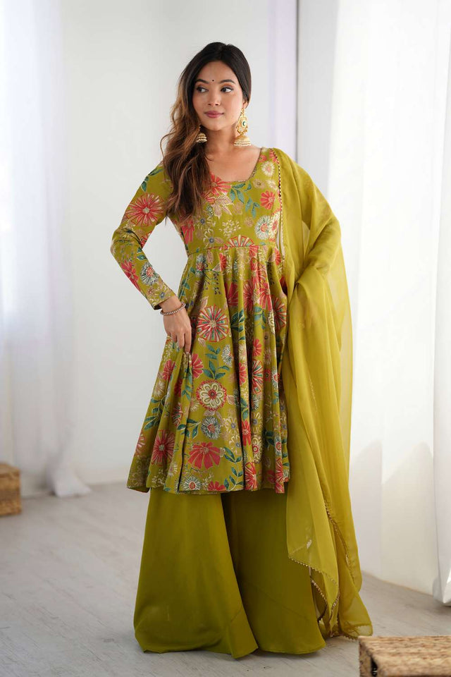 Dark Green Floral Printed Chanderi Palazzo Suit Set