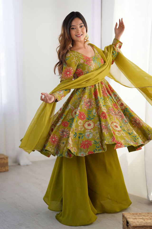 Dark Green Floral Printed Chanderi Palazzo Suit Set