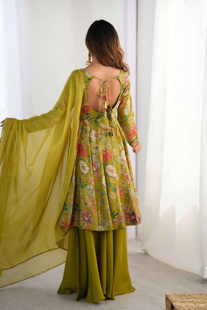 Dark Green Floral Printed Chanderi Palazzo Suit Set