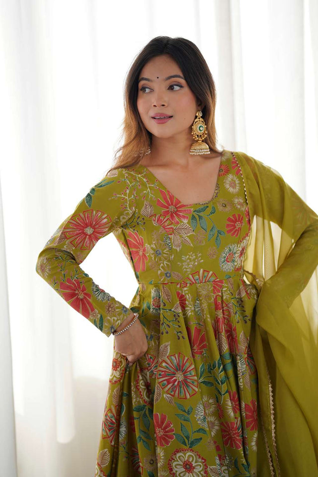 Dark Green Floral Printed Chanderi Palazzo Suit Set