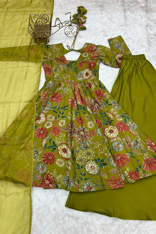 Dark Green Floral Printed Chanderi Palazzo Suit Set
