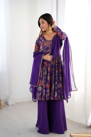 Violet Floral Printed Chanderi Palazzo Suit Set