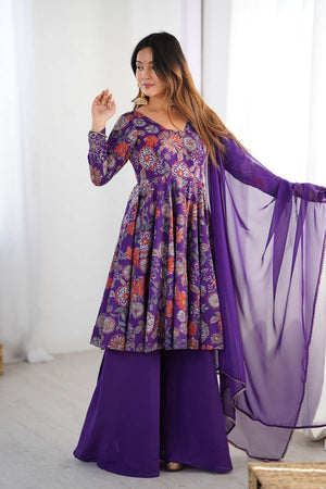 Violet Floral Printed Chanderi Palazzo Suit Set