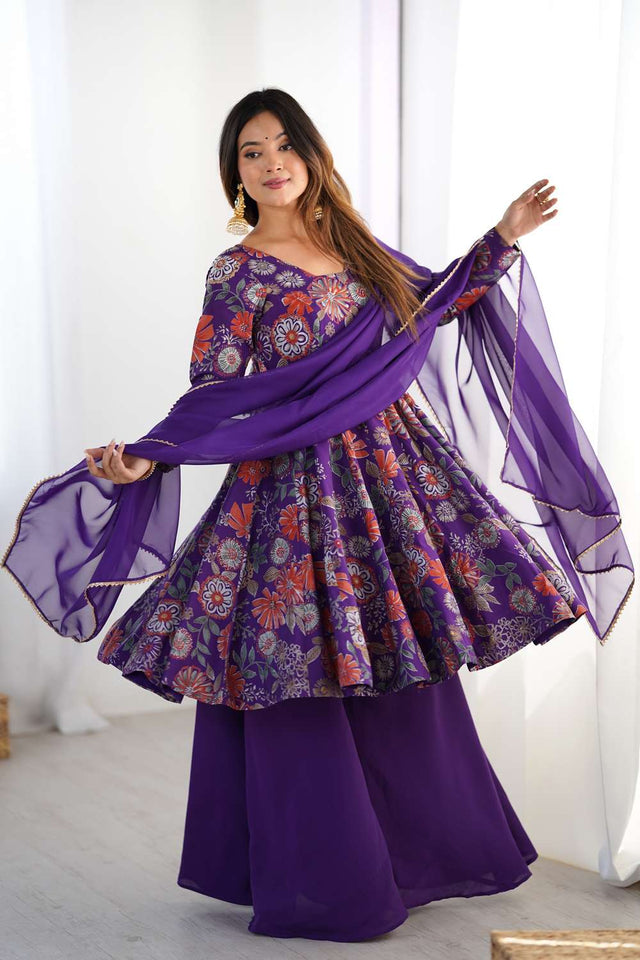 Violet Floral Printed Chanderi Palazzo Suit Set