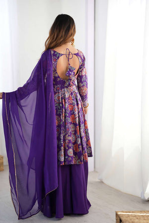 Violet Floral Printed Chanderi Palazzo Suit Set