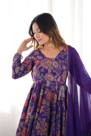 Violet Floral Printed Chanderi Palazzo Suit Set